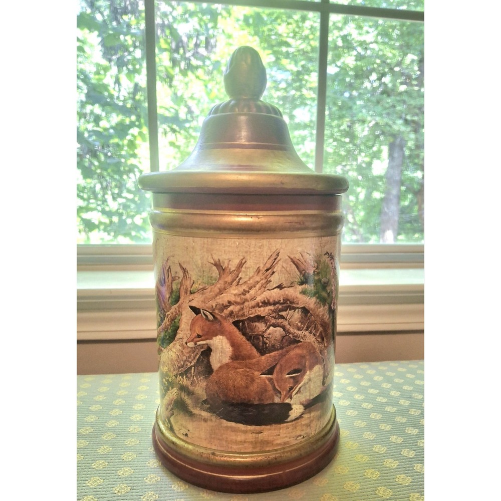 Vintage Ceramic Tobacco Jar Humidor Fox Landscape Maroon Gold Trim
